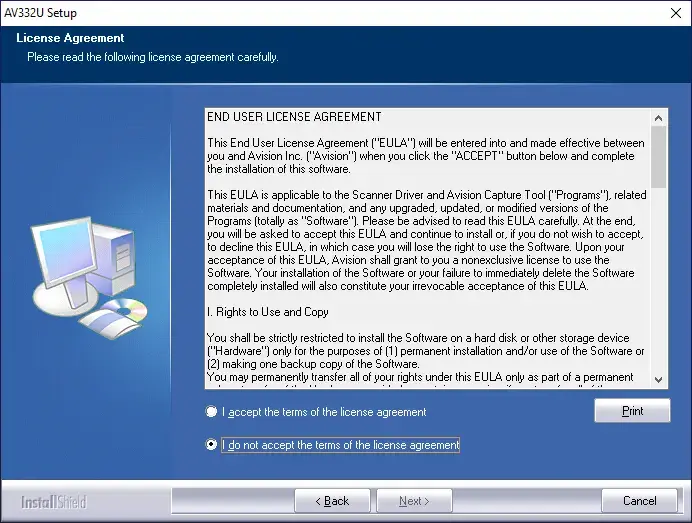 Installing the driver for Avision AV122 step 1